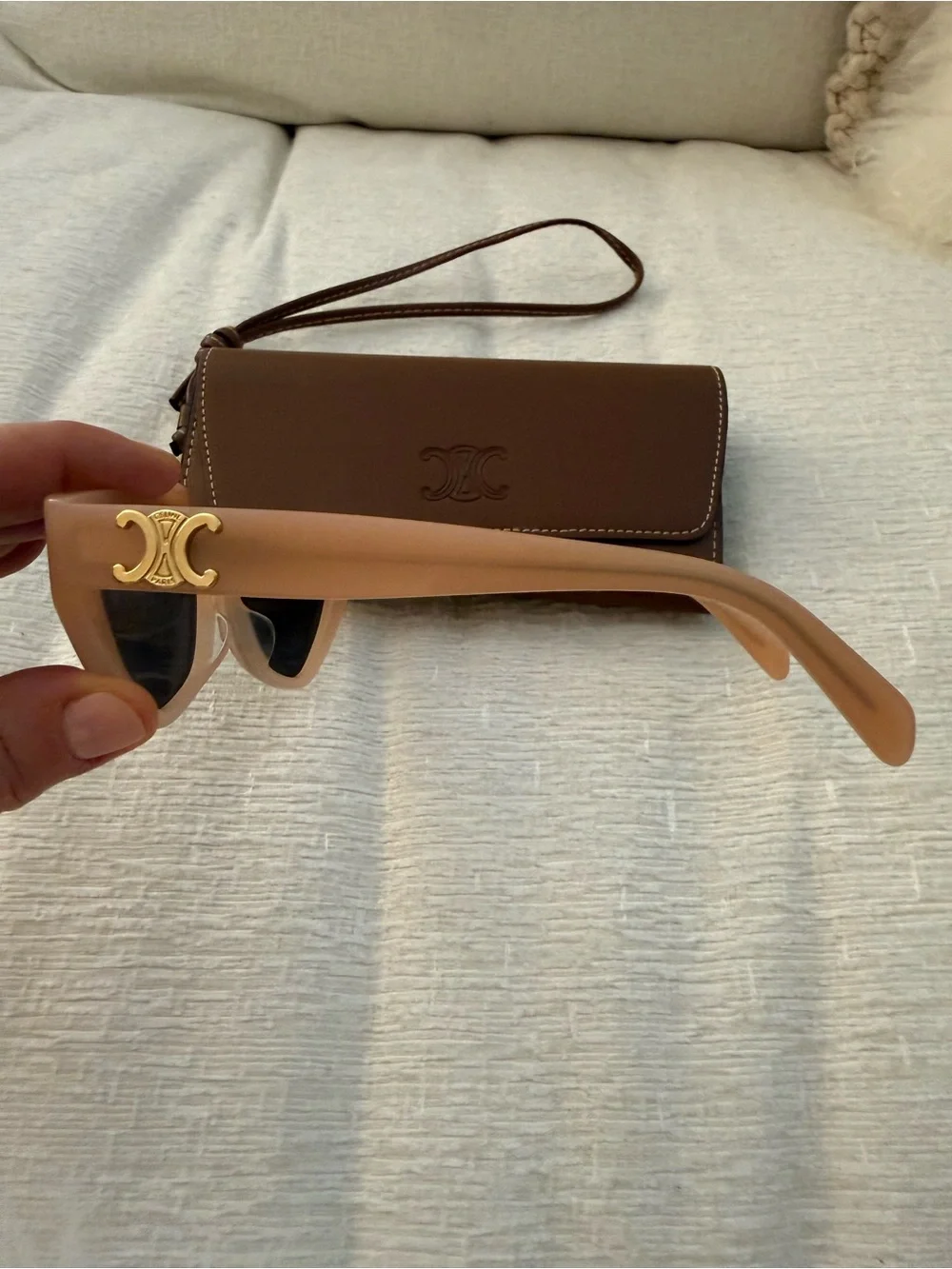 Celine Beige Cat-Eye Sunglasses with Brown Wristlet Case